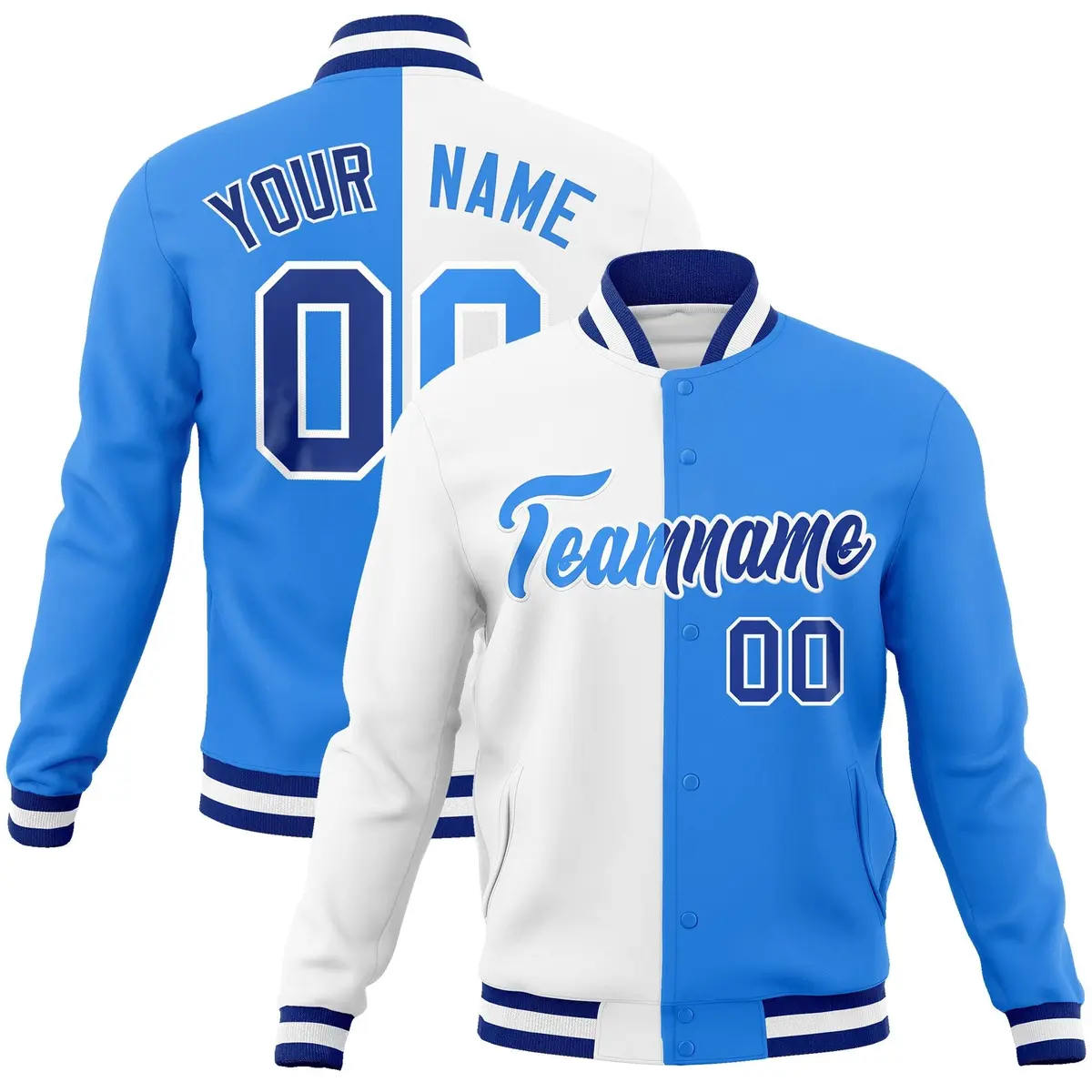 White Powder Blue Two Tone Split Varsity Full-Snap Letterman Jacket