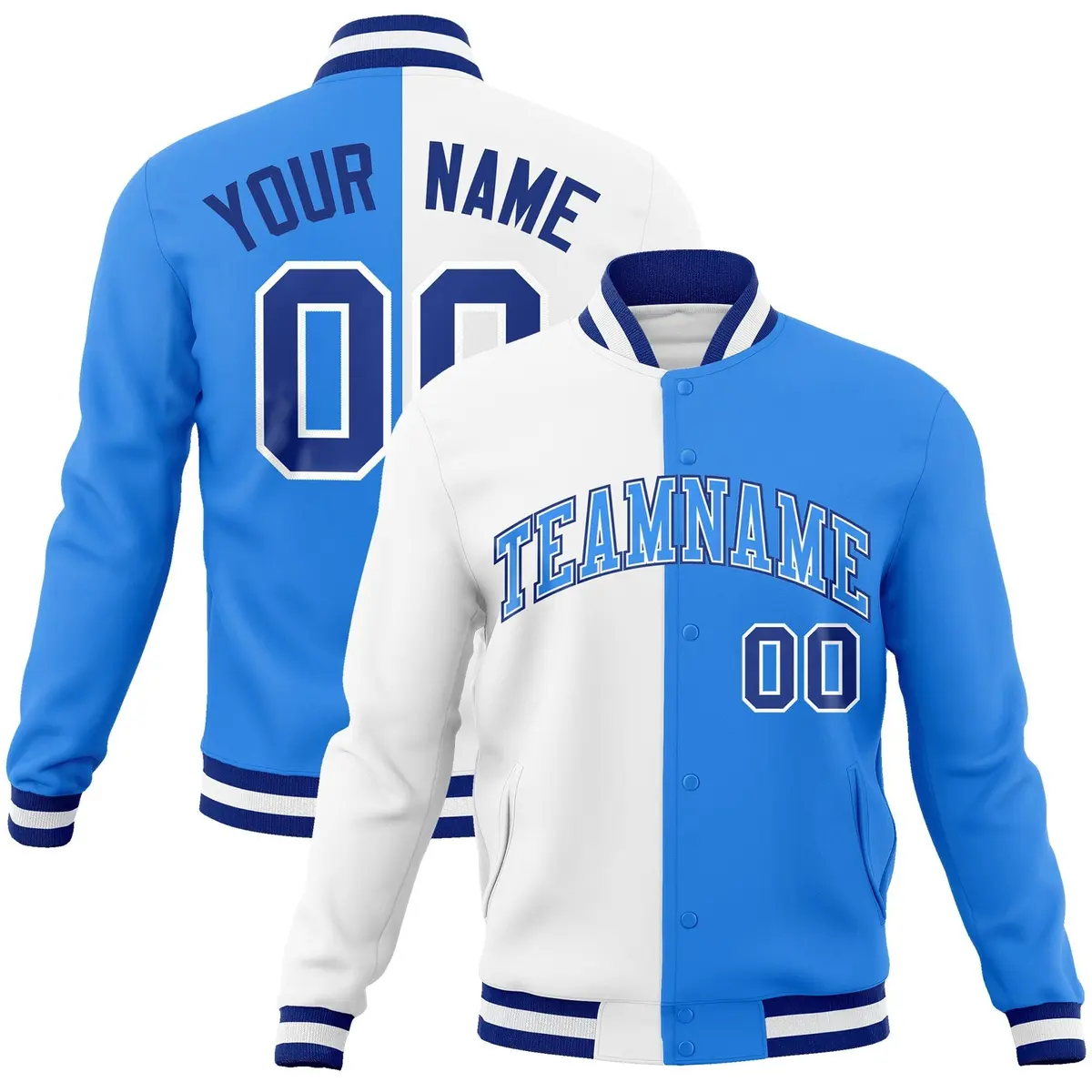 White Powder Blue Two Tone Split Varsity Full-Snap Letterman Jacket