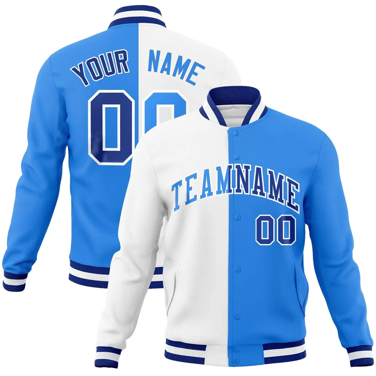 White Powder Blue Two Tone Split Varsity Full-Snap Letterman Jacket