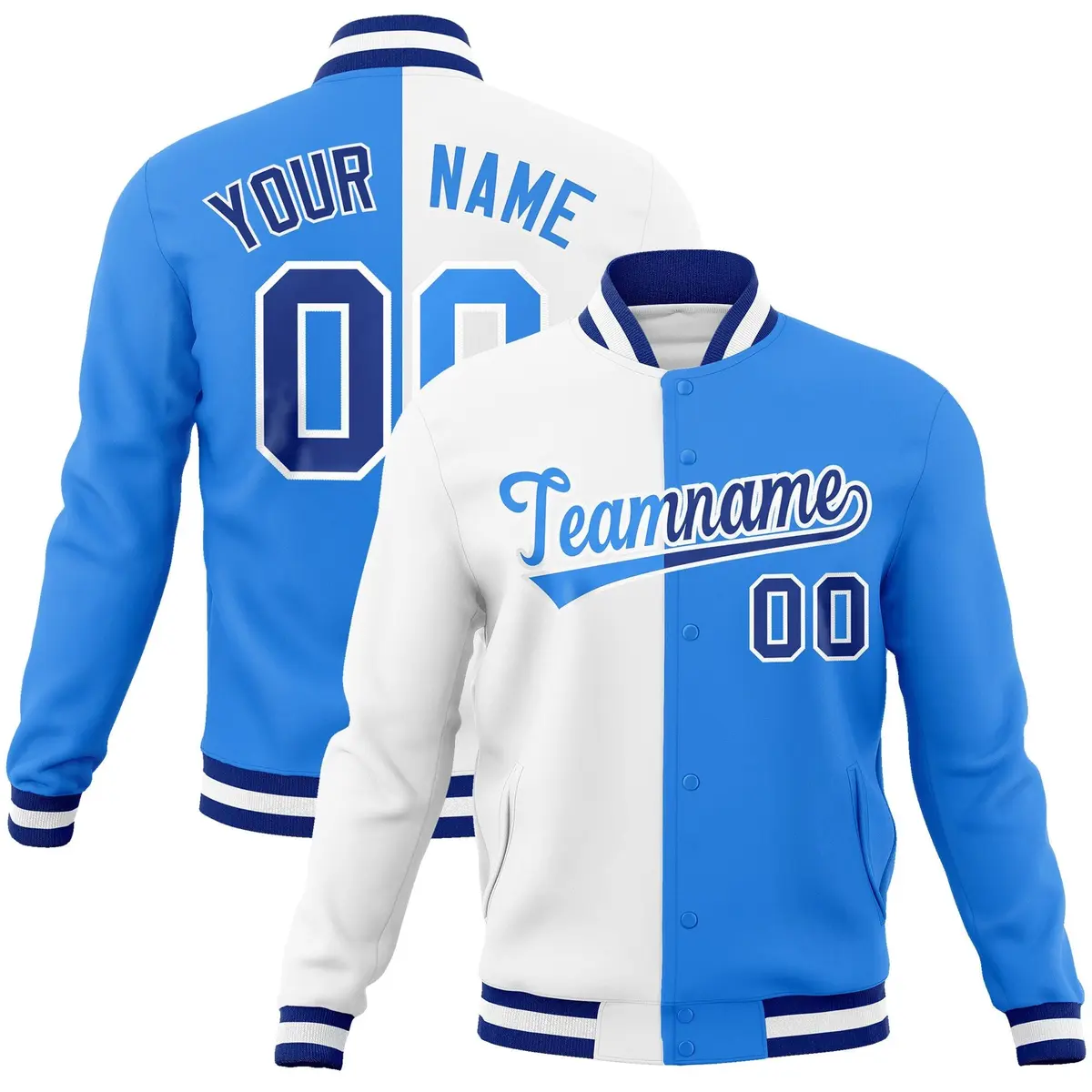 White Powder Blue Two Tone Split Varsity Full-Snap Letterman Jacket