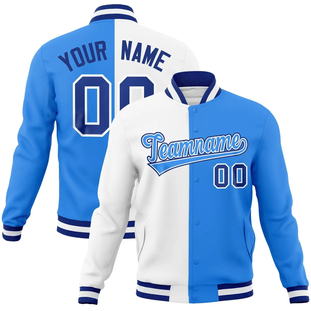 White Powder Blue Two Tone Split Varsity Full-Snap Letterman Jacket