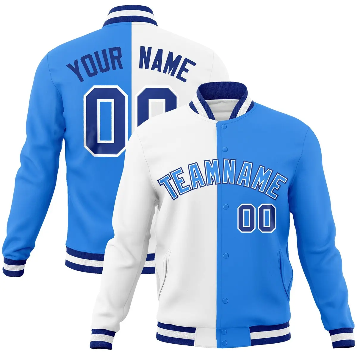 White Powder Blue Two Tone Split Varsity Full-Snap Letterman Jacket