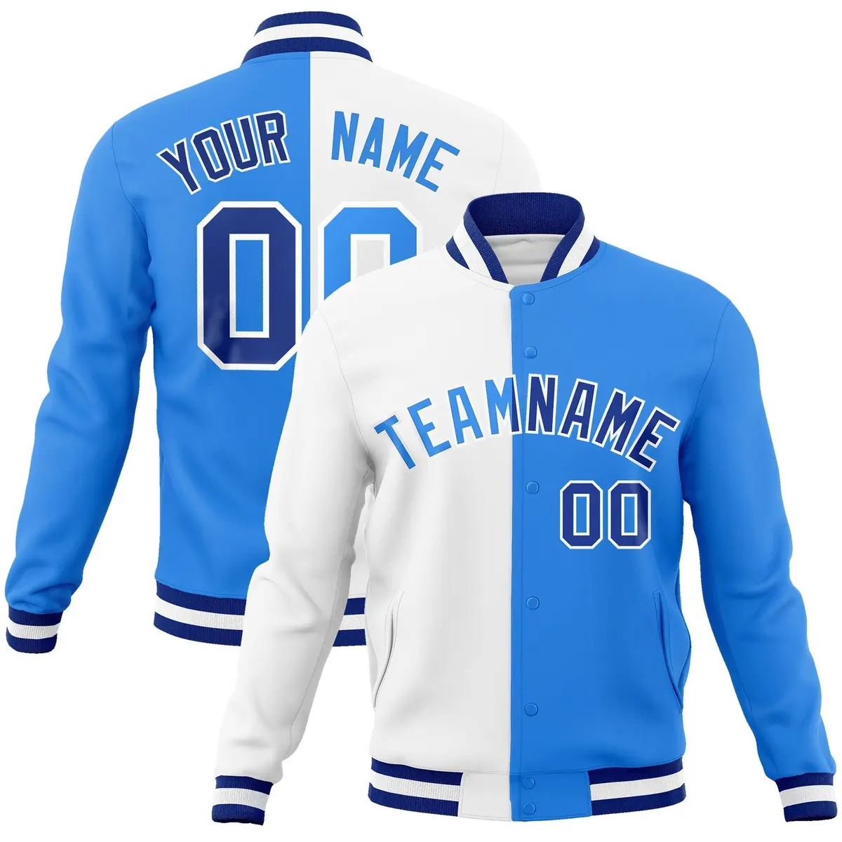 White Powder Blue Two Tone Split Varsity Full-Snap Letterman Jacket