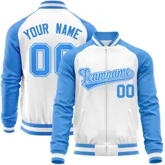 White Powder Blue Varsity Full-Zip Raglan Letterman Baseball Jacket