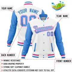 White Powder Blue Varsity Letterman Baseball Jacket Full-Snap Raglan Sleeves 4