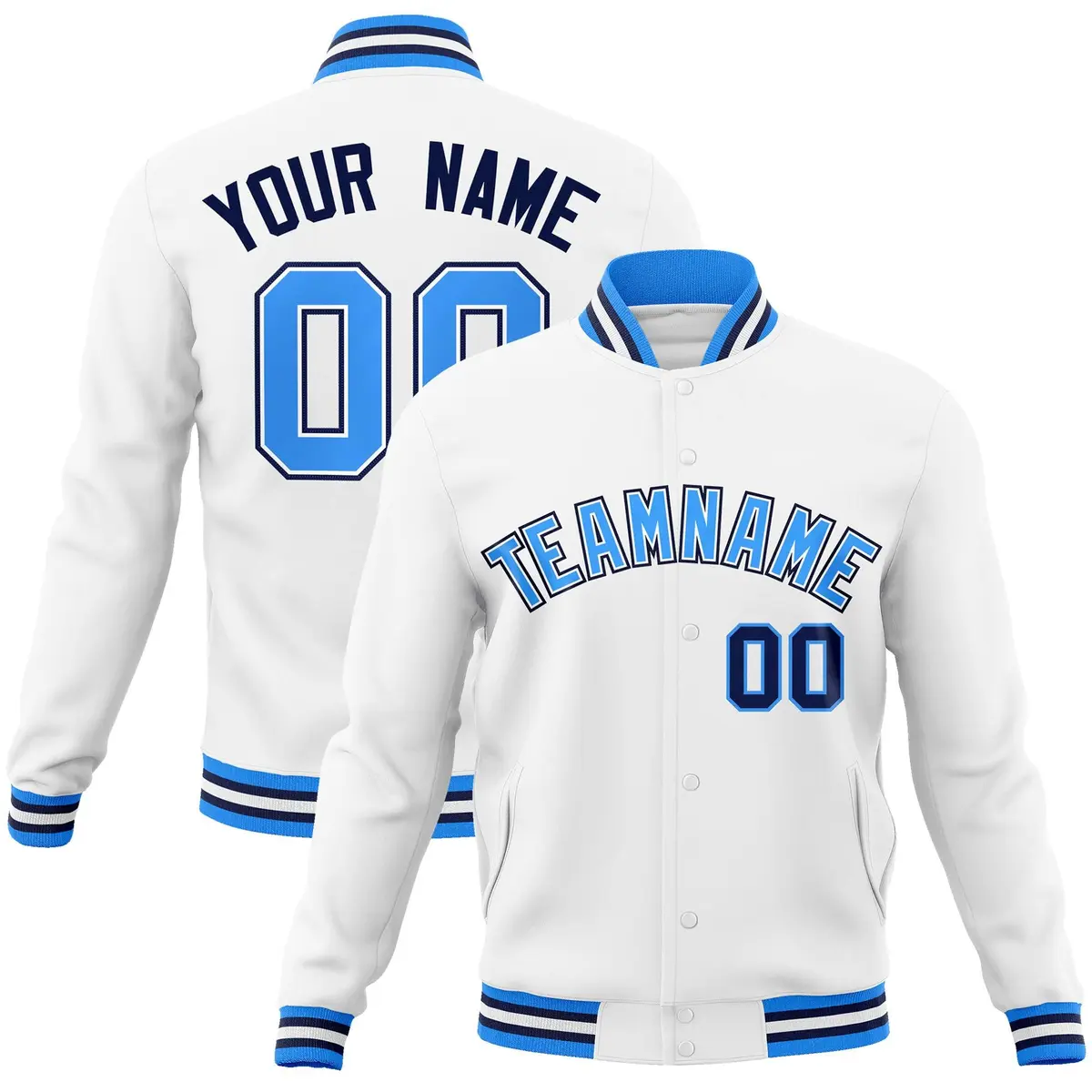 White Powder Blue-White Full-Snap Varsity Letterman Jacket