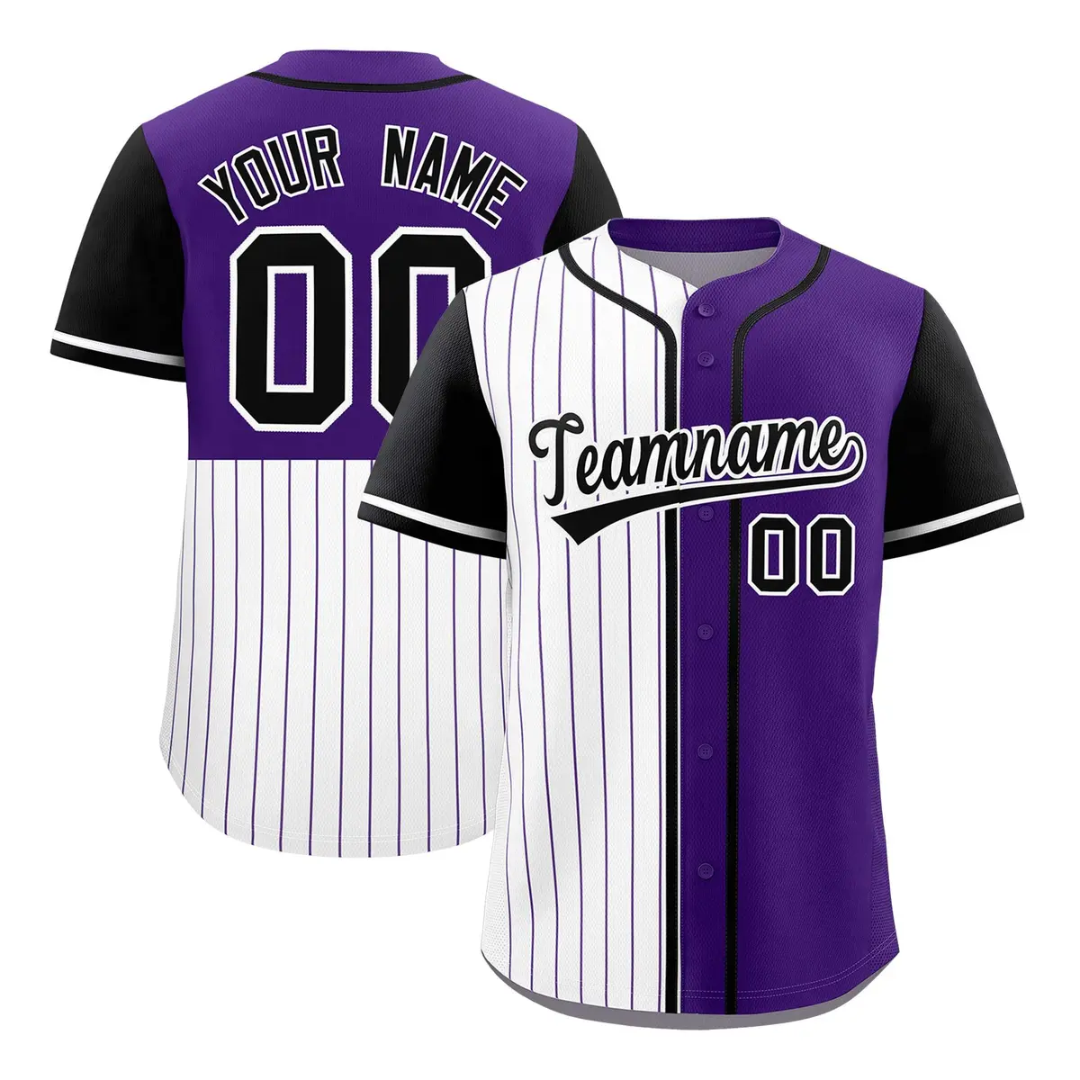 White Purple and Black Pinstripe Raglan Baseball Jersey
