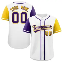 White Purple and Gold Raglan Sleeves Baseball Jersey