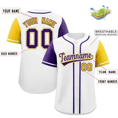 White Purple and Gold Raglan Sleeves Baseball Jersey 2