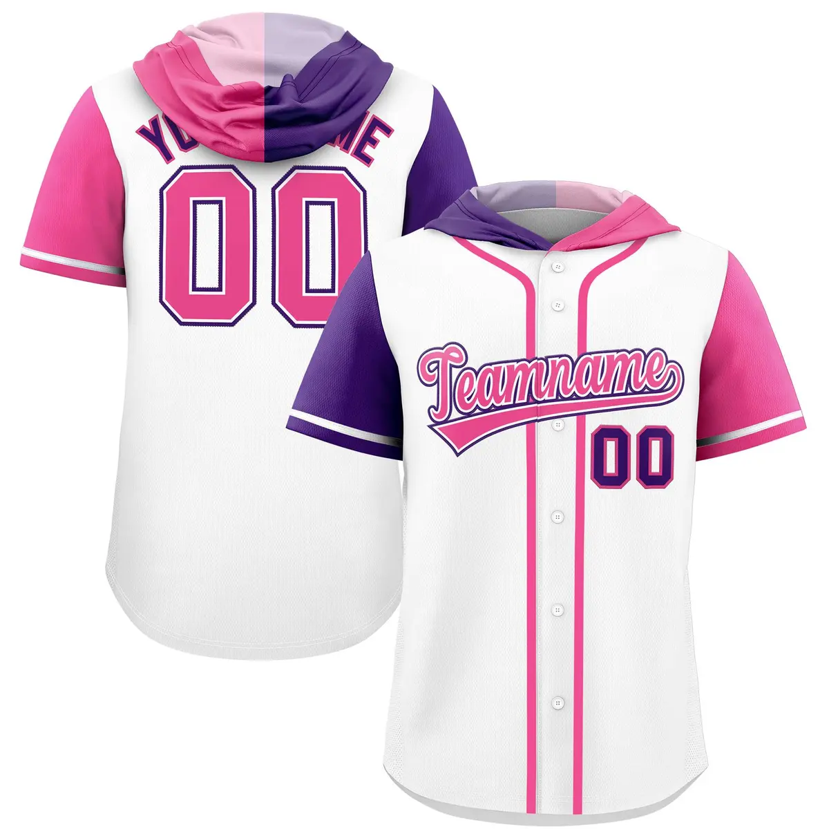 White Purple and Pink Split Raglan Baseball Hoodie Jersey