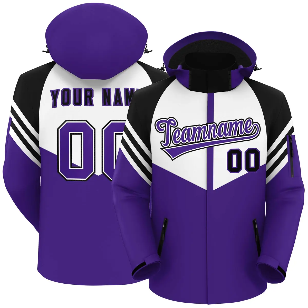 White Purple-Black Color Block Hooded Waterproof Jacket