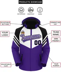 White Purple-Black Color Block Hooded Waterproof Jacket 2