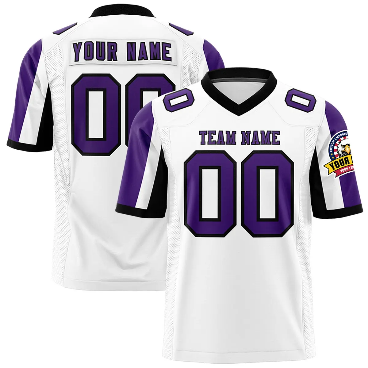 White Purple-Black Color Block Raglan Football Jersey