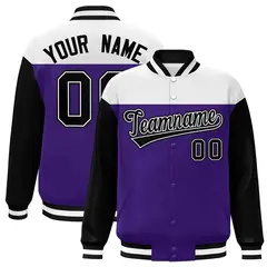 White Purple-Black Color Block Varsity Full-Snap Letterman Baseball Jacket
