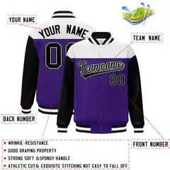 White Purple-Black Color Block Varsity Full-Snap Letterman Baseball Jacket 2