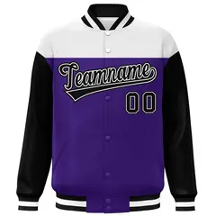 White Purple-Black Color Block Varsity Full-Snap Letterman Baseball Jacket 3