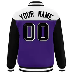 White Purple-Black Color Block Varsity Full-Snap Letterman Baseball Jacket 4