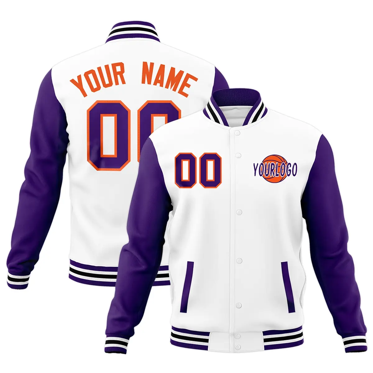 White Purple Black Raglan Sleeve Cotton Letterman Jacket