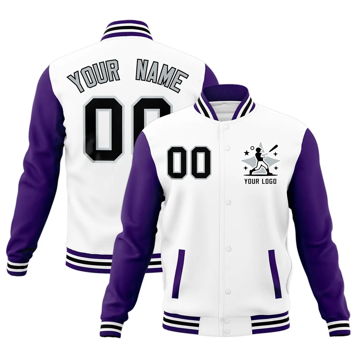 White Purple Black Raglan Sleeves Full-Snap Letterman Cotton Jacket