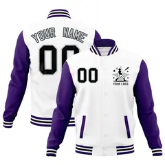 White Purple Black Raglan Sleeves Full-Snap Letterman Cotton Jacket