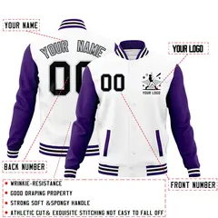 White Purple Black Raglan Sleeves Full-Snap Letterman Cotton Jacket 2