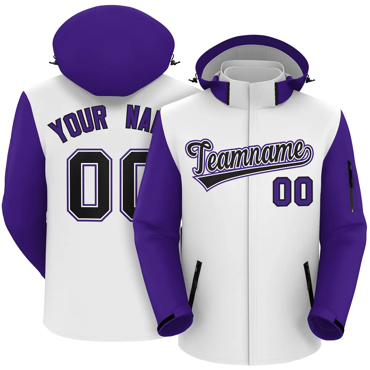 White Purple-Black Raglan Sleeves Waterproof Jacket