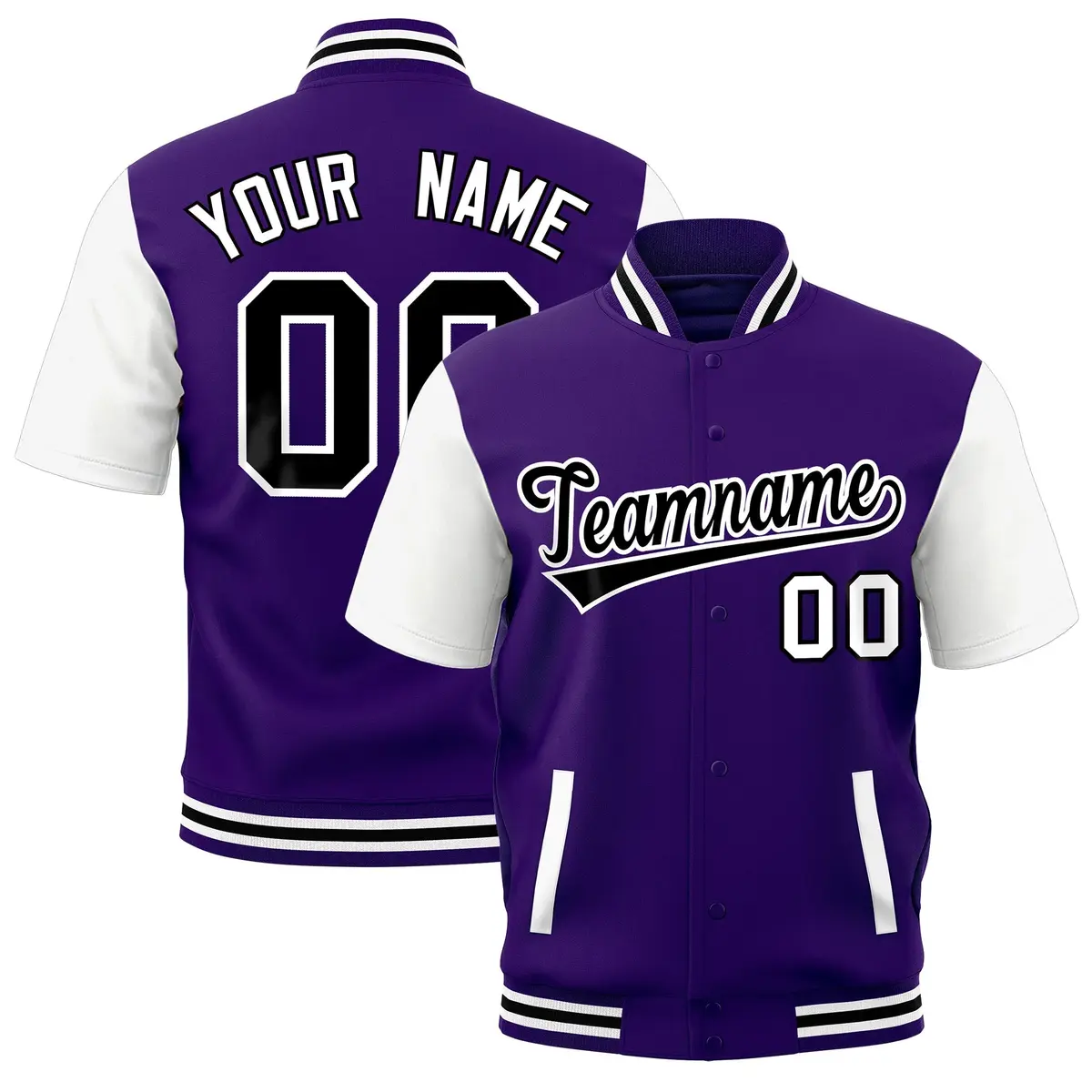 White Purple Black Short Sleeve Full-Snap Varsity Jacket