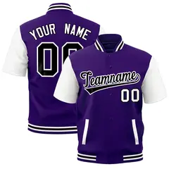 White Purple Black Short Sleeve Full-Snap Varsity Jacket 1