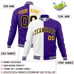 White Purple-Black Two Tone Split Varsity Full-Snap Letterman Jacket 4