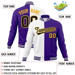 White Purple-Black Two Tone Split Varsity Full-Snap Letterman Jacket 4