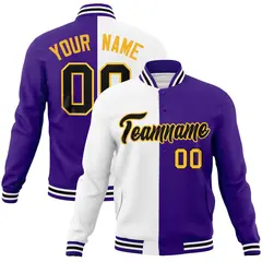White Purple-Black Two Tone Split Varsity Full-Snap Letterman Jacket