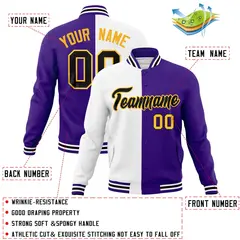 White Purple-Black Two Tone Split Varsity Full-Snap Letterman Jacket 4