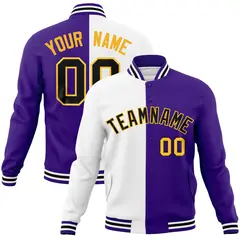 White Purple-Black Two Tone Split Varsity Full-Snap Letterman Jacket