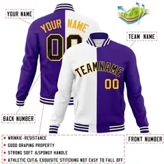 White Purple-Black Two Tone Split Varsity Full-Snap Letterman Jacket 4