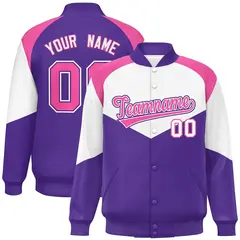 White Purple Color Block Varsity Letterman Jacket