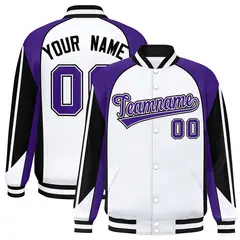 White Purple Color Block Varsity Raglan Letterman Jacket 1