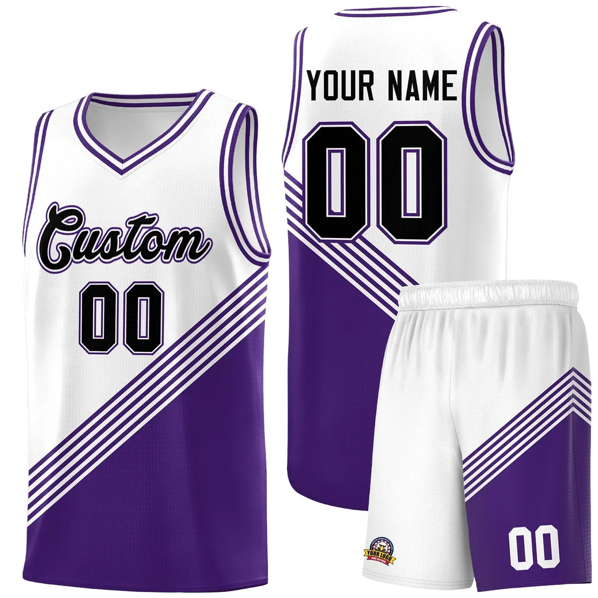 White Purple Diagonal Stripes Color Block Basketball Jersey