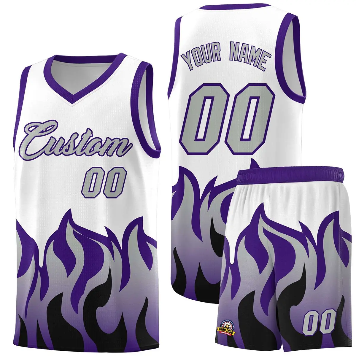 White Purple Flame Pattern Hem Basketball Jersey