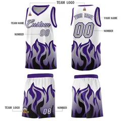 White Purple Flame Pattern Hem Basketball Jersey 5