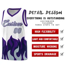 White Purple Flame Pattern Hem Basketball Jersey 2