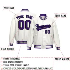 White Purple Full-Snap Varsity Faux Leather Letterman Jacket 2