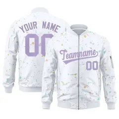White Purple Full-Zip Graffiti Splash Varsity Letterman Jacket 1
