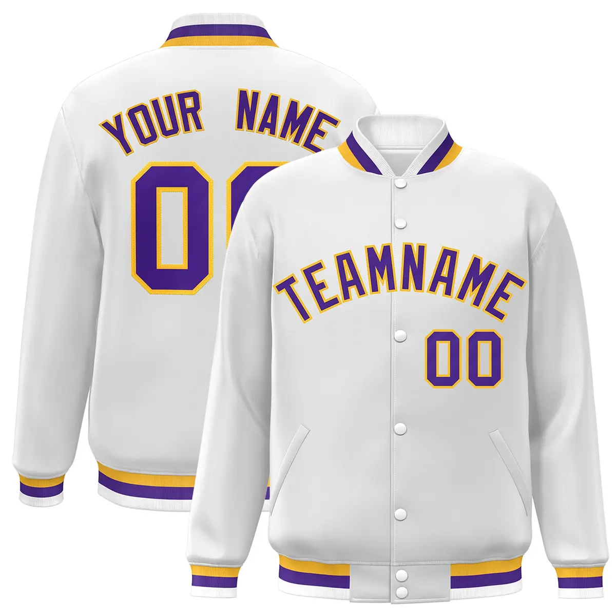 White Purple-Gold Classic Varsity Full-Snap Letterman Jacket