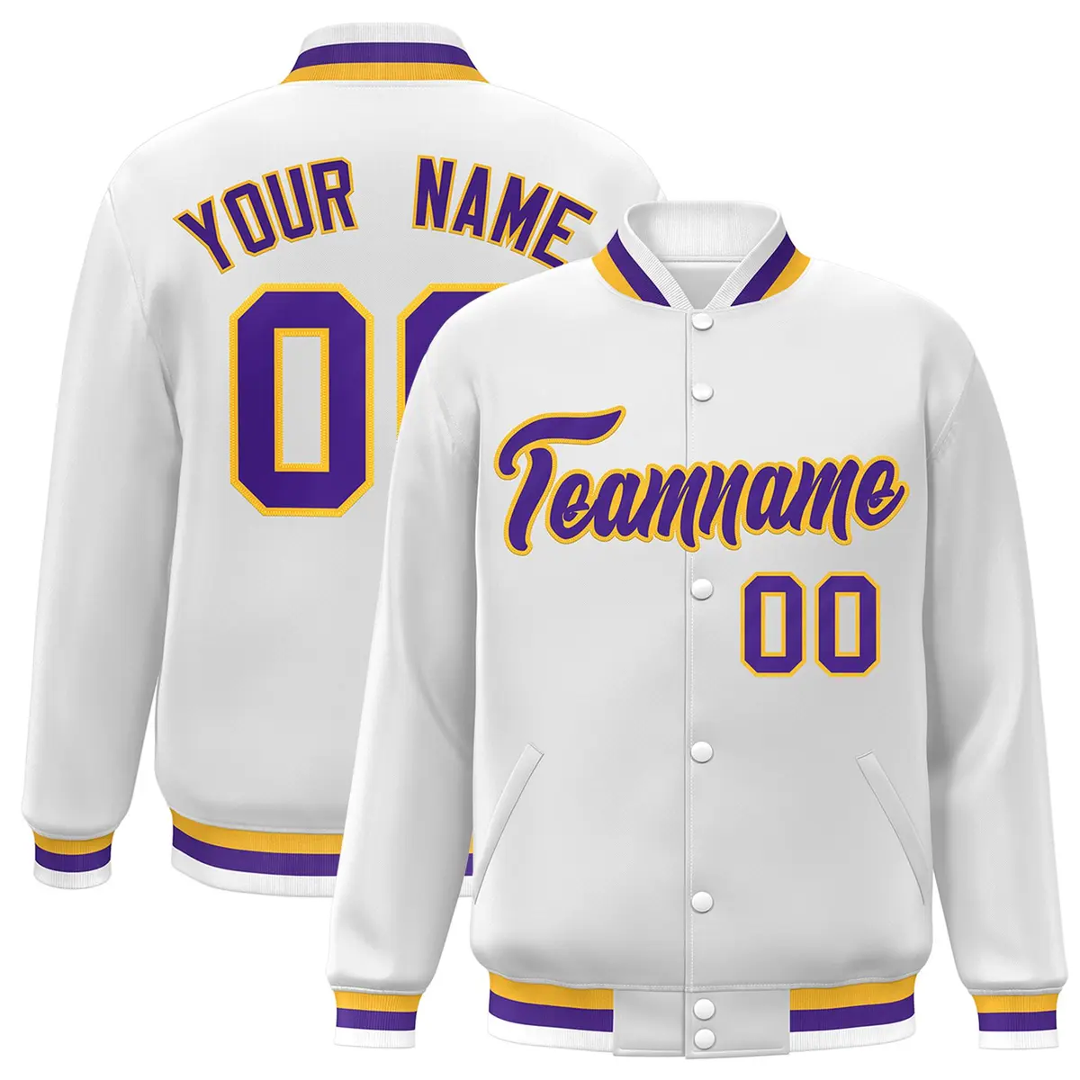 White Purple-Gold Classic Varsity Full-Snap Letterman Jacket