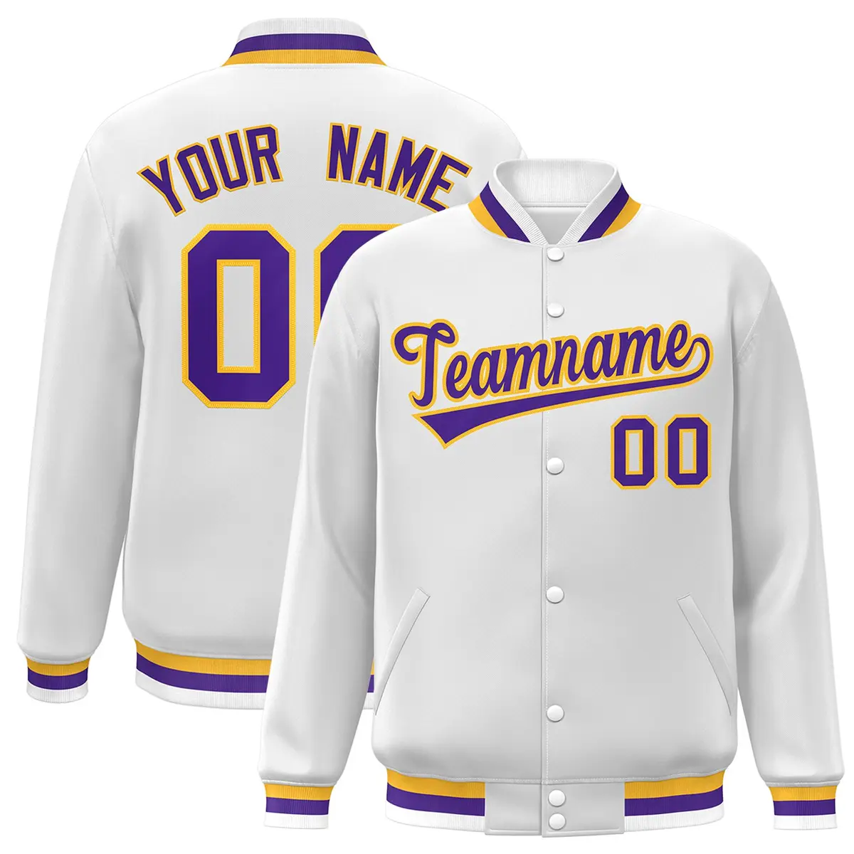 White Purple-Gold Classic Varsity Full-Snap Letterman Jacket