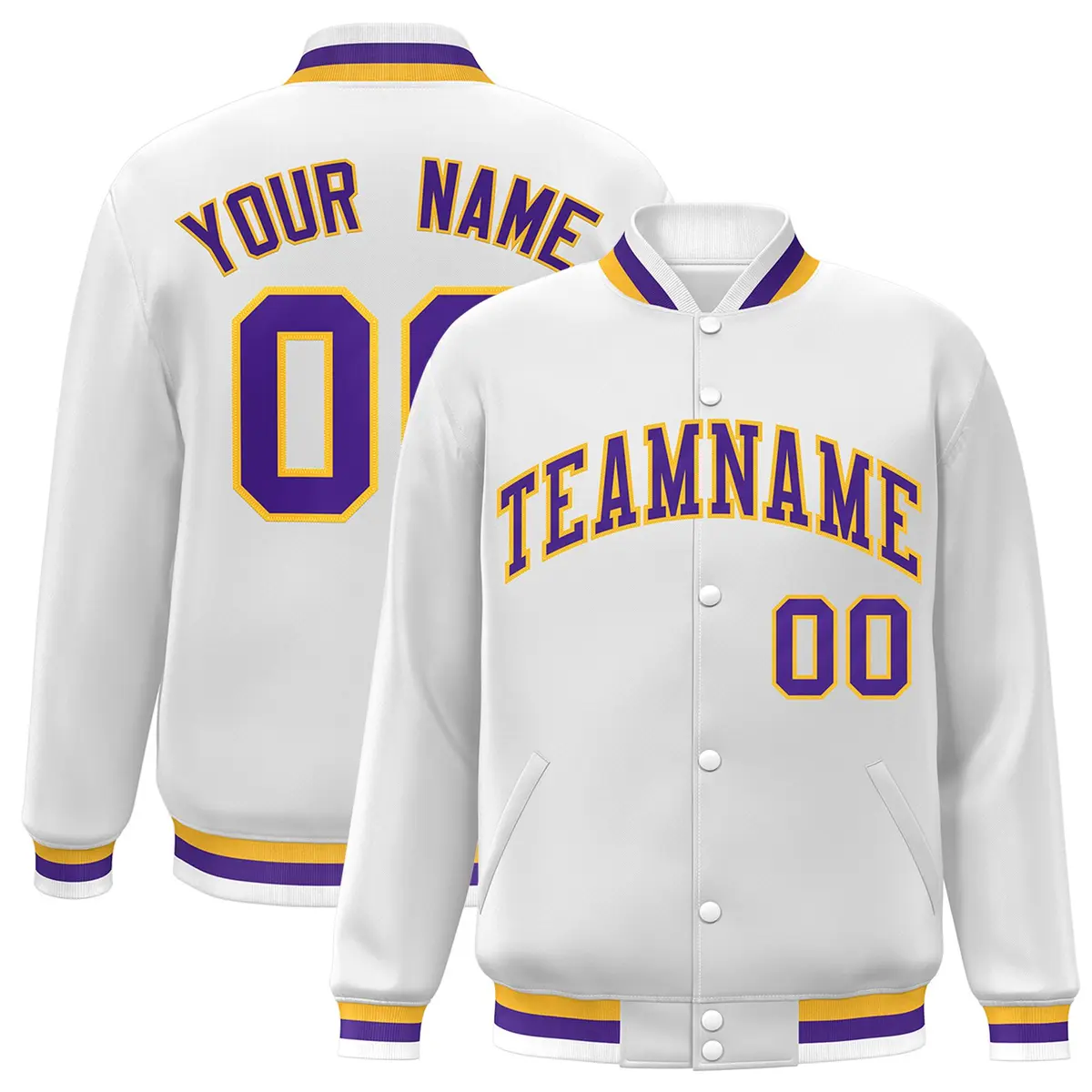 White Purple-Gold Classic Varsity Full-Snap Letterman Jacket