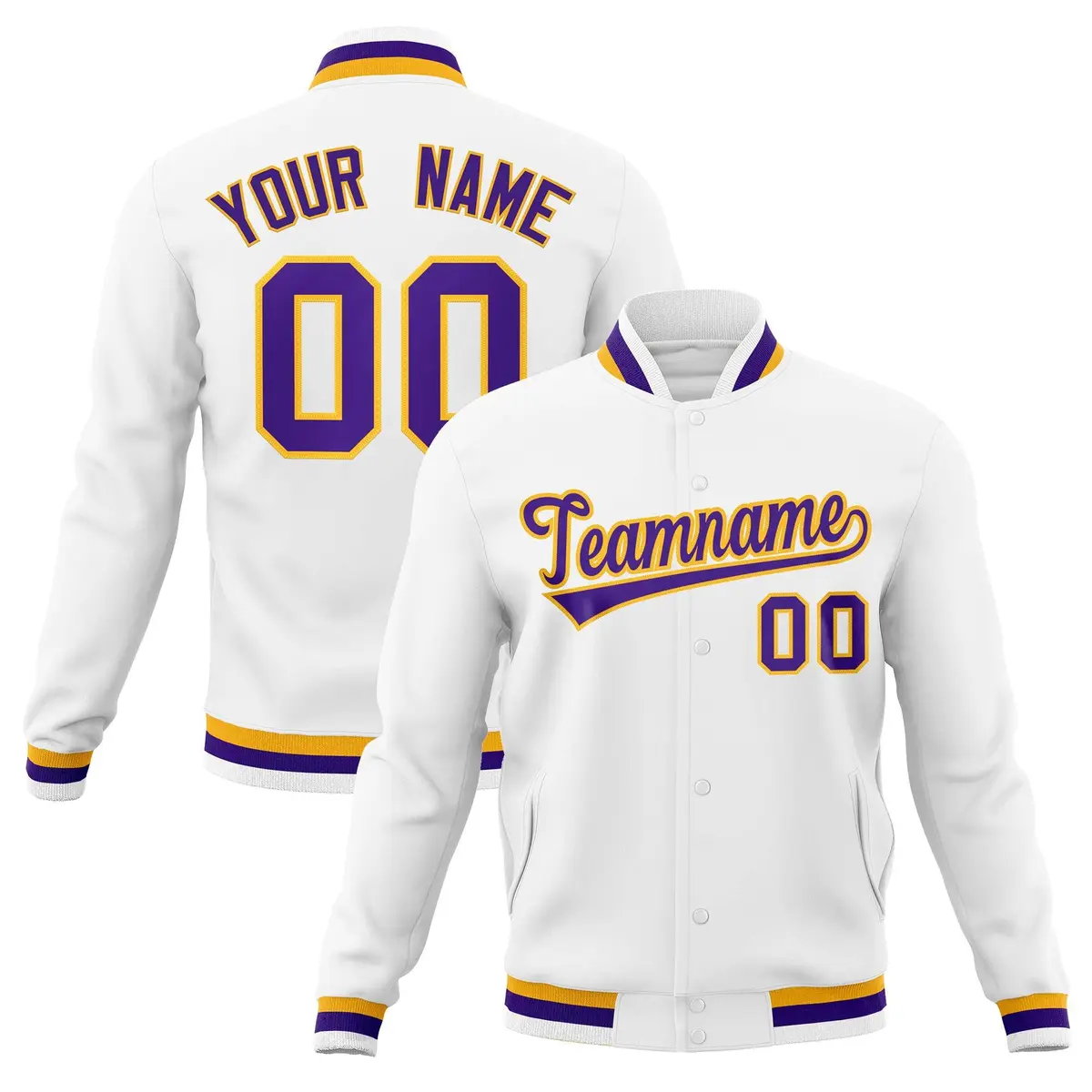 White Purple-Gold Classic Varsity Full-Snap Letterman Jacket