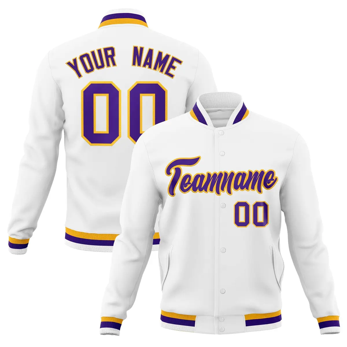 White Purple-Gold Classic Varsity Full-Snap Letterman Jacket