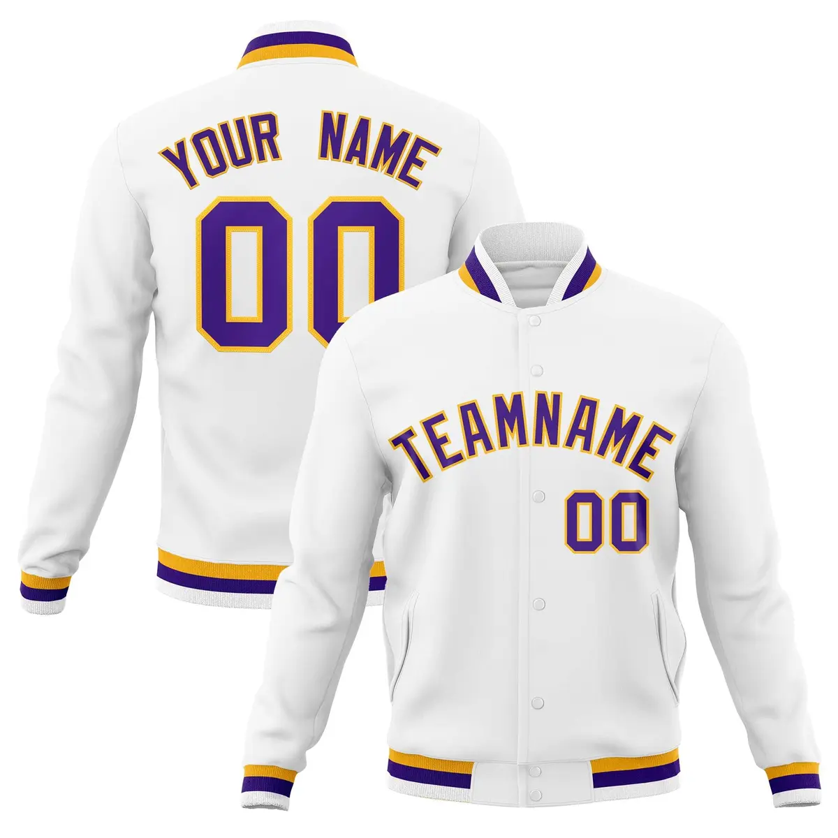 White Purple-Gold Classic Varsity Full-Snap Letterman Jacket