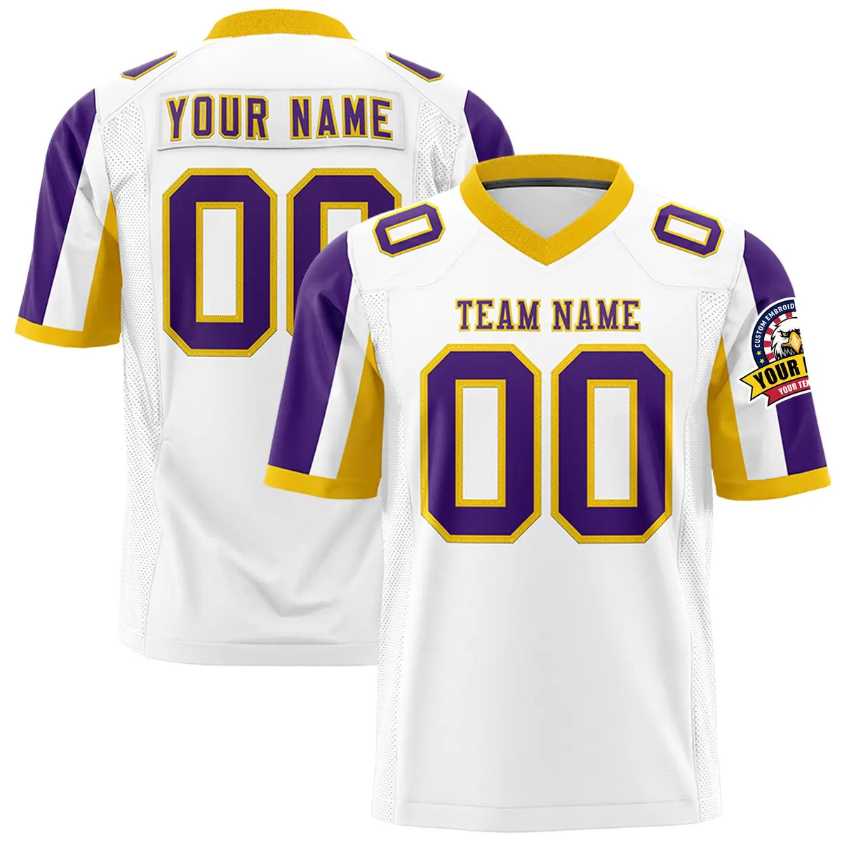 White Purple-Gold Color Block Raglan Sleeves Football Jersey
